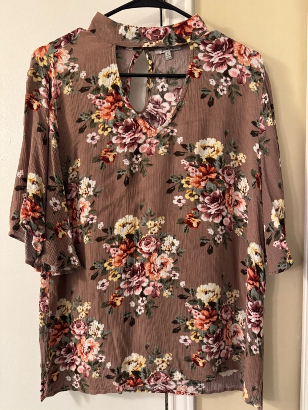 Floral Keyhole Blouse - Taupe Multi